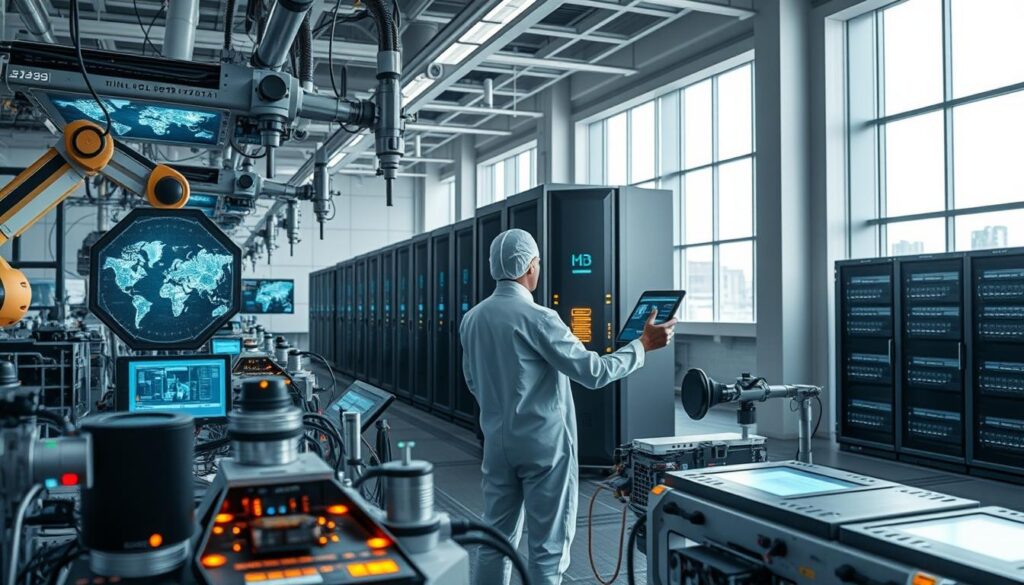 A complex array of futuristic technologies, including holographic displays, advanced robotic arms, and sleek data servers, fills the foreground. In the middle ground, an engineer in a clean-room suit operates a touch-screen interface, overseeing the seamless integration of these cutting-edge systems. The background depicts a minimalist, high-tech facility with panoramic windows, allowing natural light to flood the space and create a sense of openness and efficiency. The overall scene conveys a mood of precision, innovation, and unwavering stability, perfectly suited to illustrate the article's focus on advanced technologies for ensuring stability in high-demand applications.