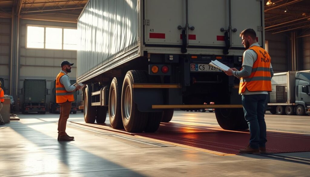 A large commercial truck situated on a weighing platform, its tires and undercarriage clearly visible. The scene is bathed in warm, natural lighting filtering through tall warehouse windows, casting long shadows across the concrete floor. In the foreground, a technician in a high-visibility vest carefully records the vehicle's weight measurements on a clipboard. In the middle ground, the truck's driver stands nearby, observing the process. The background features the orderly arrangement of additional trucks and loading equipment, suggesting an efficient, well-organized logistics operation. The overall tone is one of professionalism, precision, and attention to detail in the weigh-in procedure.