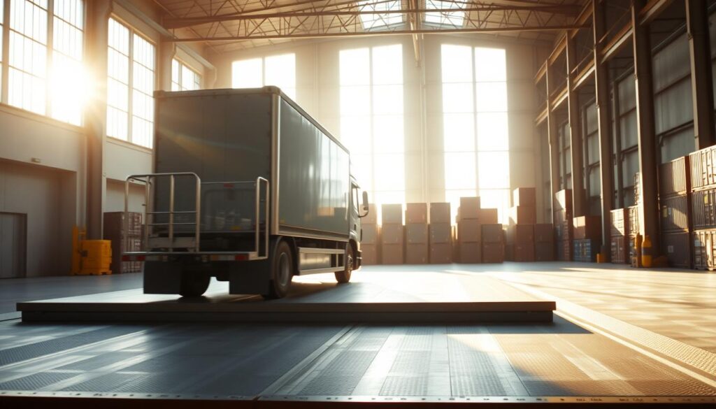 A serene, well-lit warehouse interior with a large, modern weighing platform in the foreground. Sunlight streams through the windows, casting a warm glow on the scene. In the middle ground, a semi-truck smoothly drives onto the platform, its wheels turning with precision. The background features orderly stacks of cargo containers, suggesting an efficient, well-organized logistics operation. The overall atmosphere conveys the benefits of dynamic weigh-in technology - increased efficiency, accuracy, and streamlined transportation workflows.