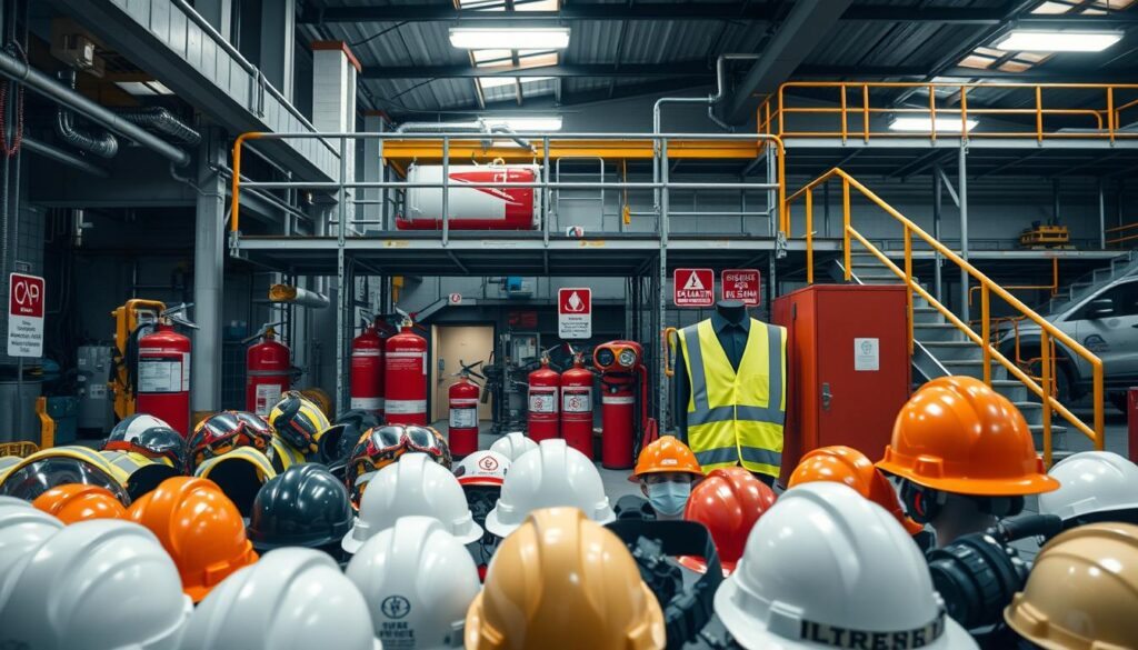 A well-equipped workplace safety scene, featuring a range of collective protection equipment on display. In the foreground, hard hats, safety goggles, and high-visibility vests are neatly arranged. The middle ground showcases fire extinguishers, emergency eyewash stations, and signage indicating evacuation routes. In the background, a sturdy scaffold system and secure railings create a sense of industrial safety. The lighting is bright and evenly distributed, highlighting the functional yet visually cohesive nature of the equipment. The overall mood conveys a commitment to worker welfare and a proactive approach to occupational hazards.