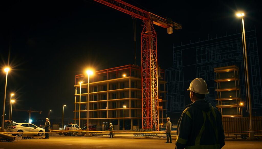 A well-lit construction site at night, showcasing the Brazilian lighting regulations and standards. In the foreground, construction workers diligently following safety protocols, their faces illuminated by bright, evenly distributed LED floodlights. In the middle ground, a large construction crane casts long shadows, its powerful lights cutting through the darkness. The background depicts the blueprint of a multi-story building, its architectural details visible under the warm, efficient lighting. The scene conveys a sense of order, safety, and compliance with the Brazilian regulations for construction site illumination.